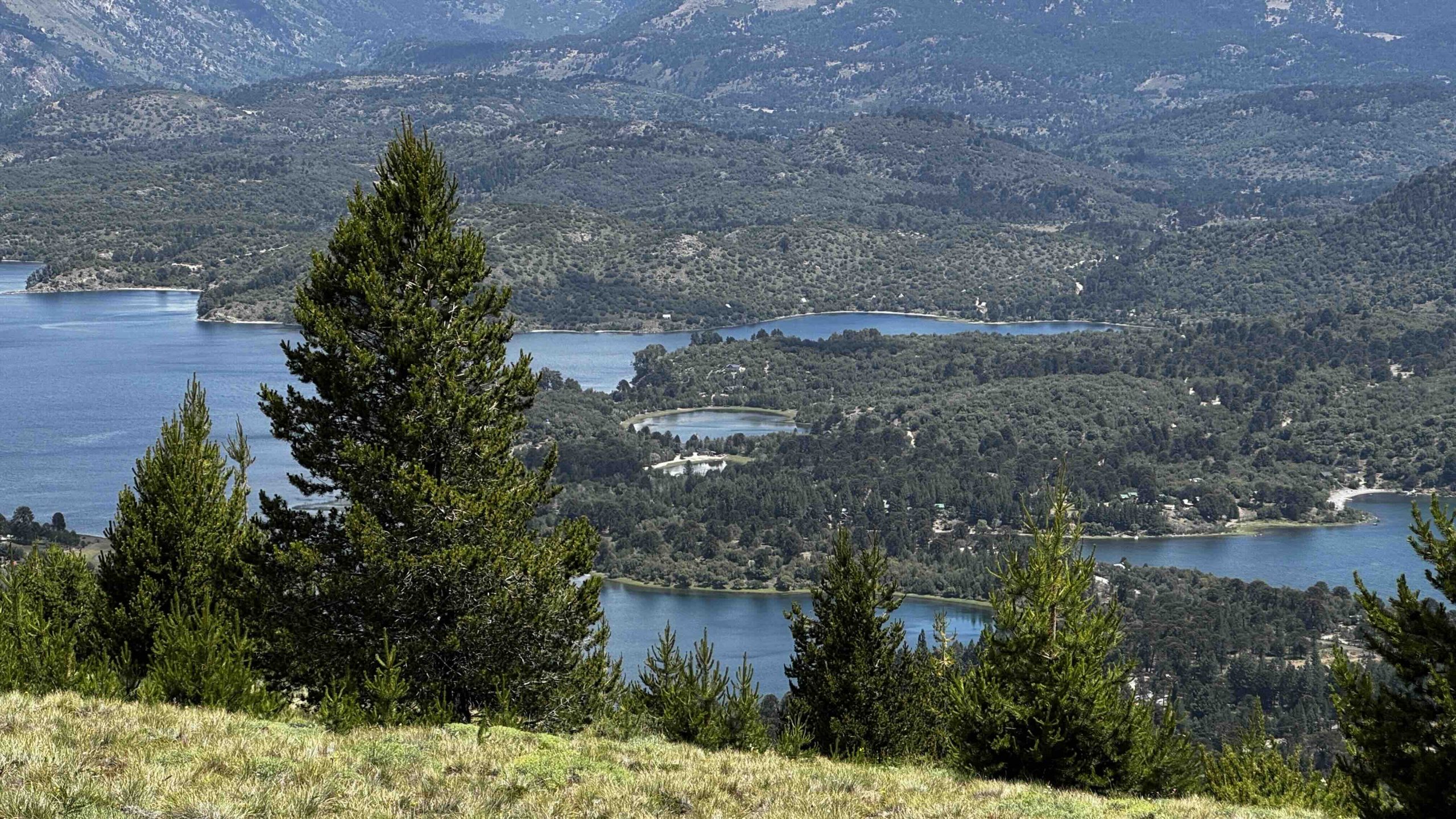 Vista de Villa Pehuenia y la Cordillera de los Andes desde el volcán Batea Mahuida, Patagonia argentina.